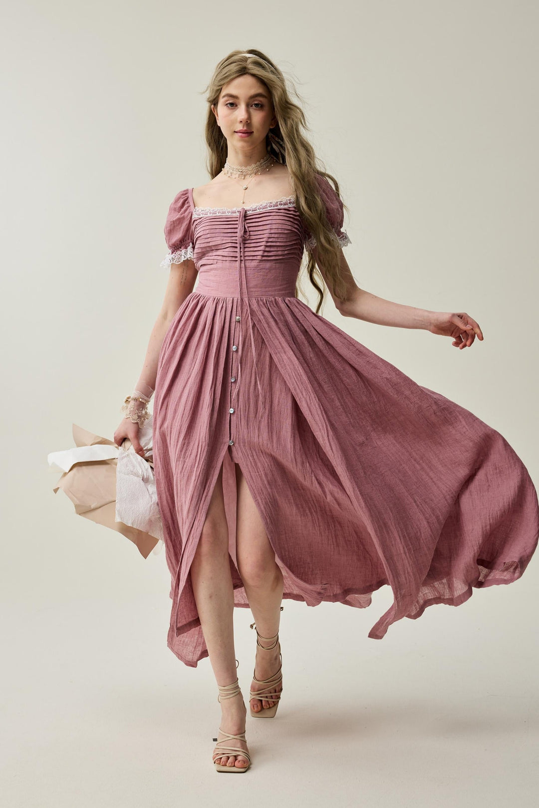 Monet Haze 26 | Fairy layered Linen Dress with pintucks Ice Blue / 3XL Monet Haze 26 | Fairy layered Linen Dress with pintucks Ice Blue / 3XL