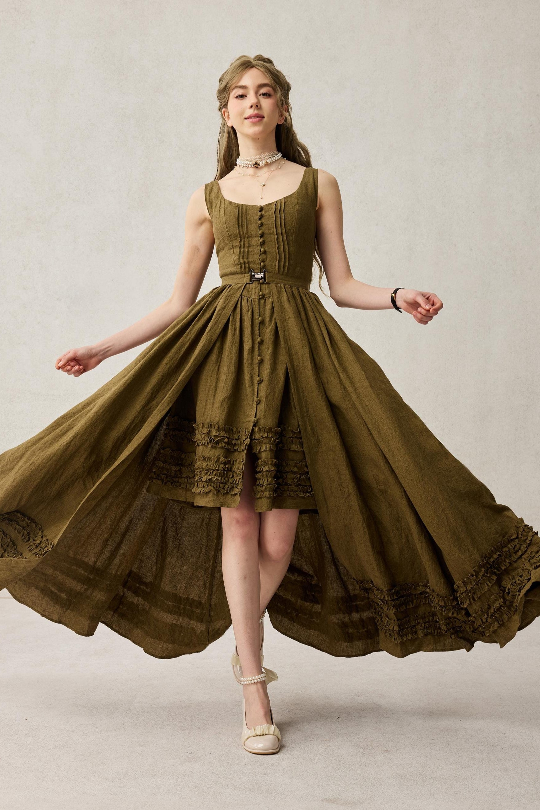 Linen Floral Ruffled Dress