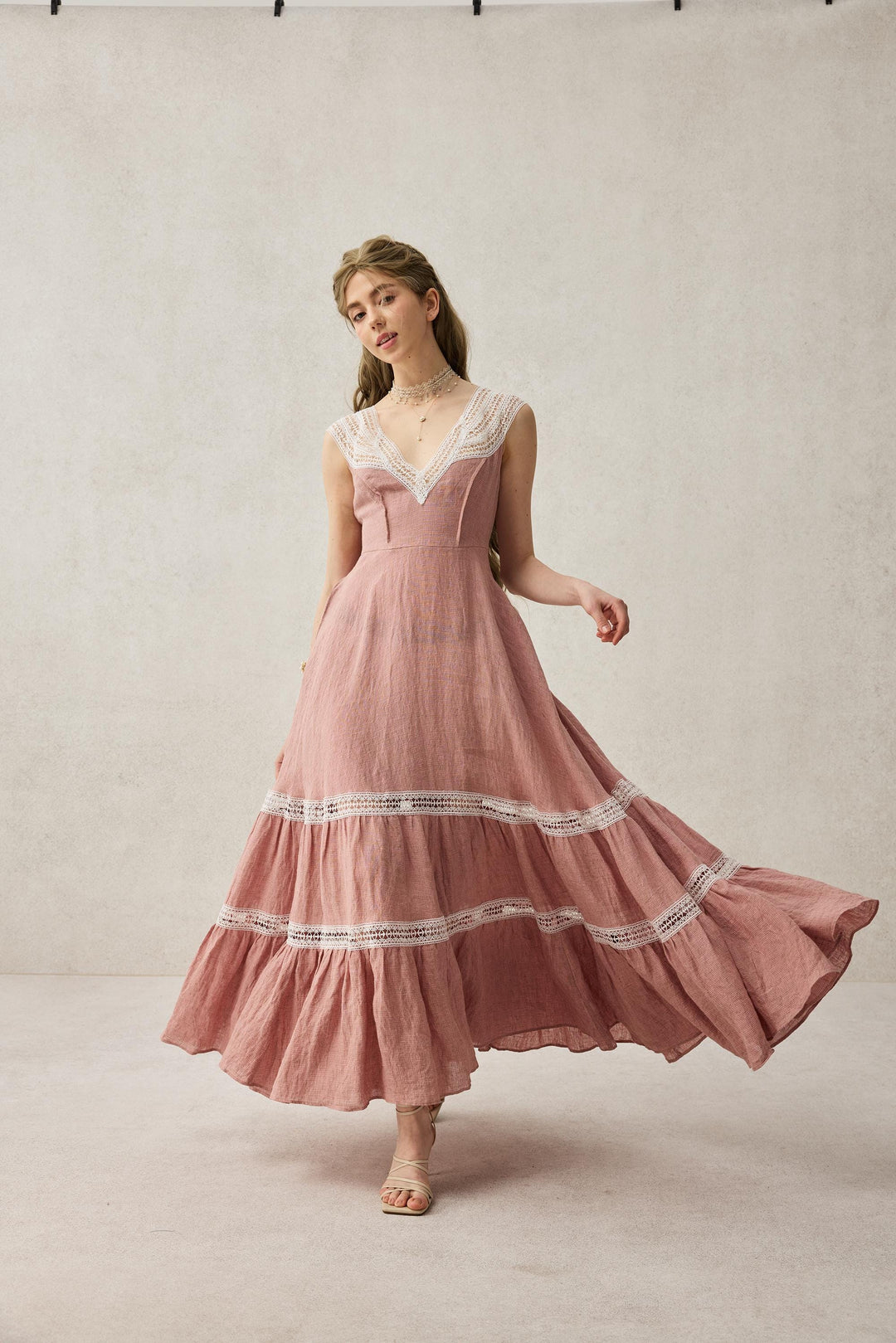 Cherry Tree 25 | Lace Linen flared dress Dreamy Blue / XS Cherry Tree 25 | Lace Linen flared dress Dreamy Blue / XS