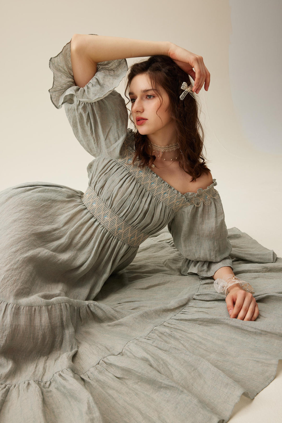 Cloud 21 | smocking embroidery linen dress Caramel plaid / L Cloud 21 | smocking embroidery linen dress Caramel plaid / L