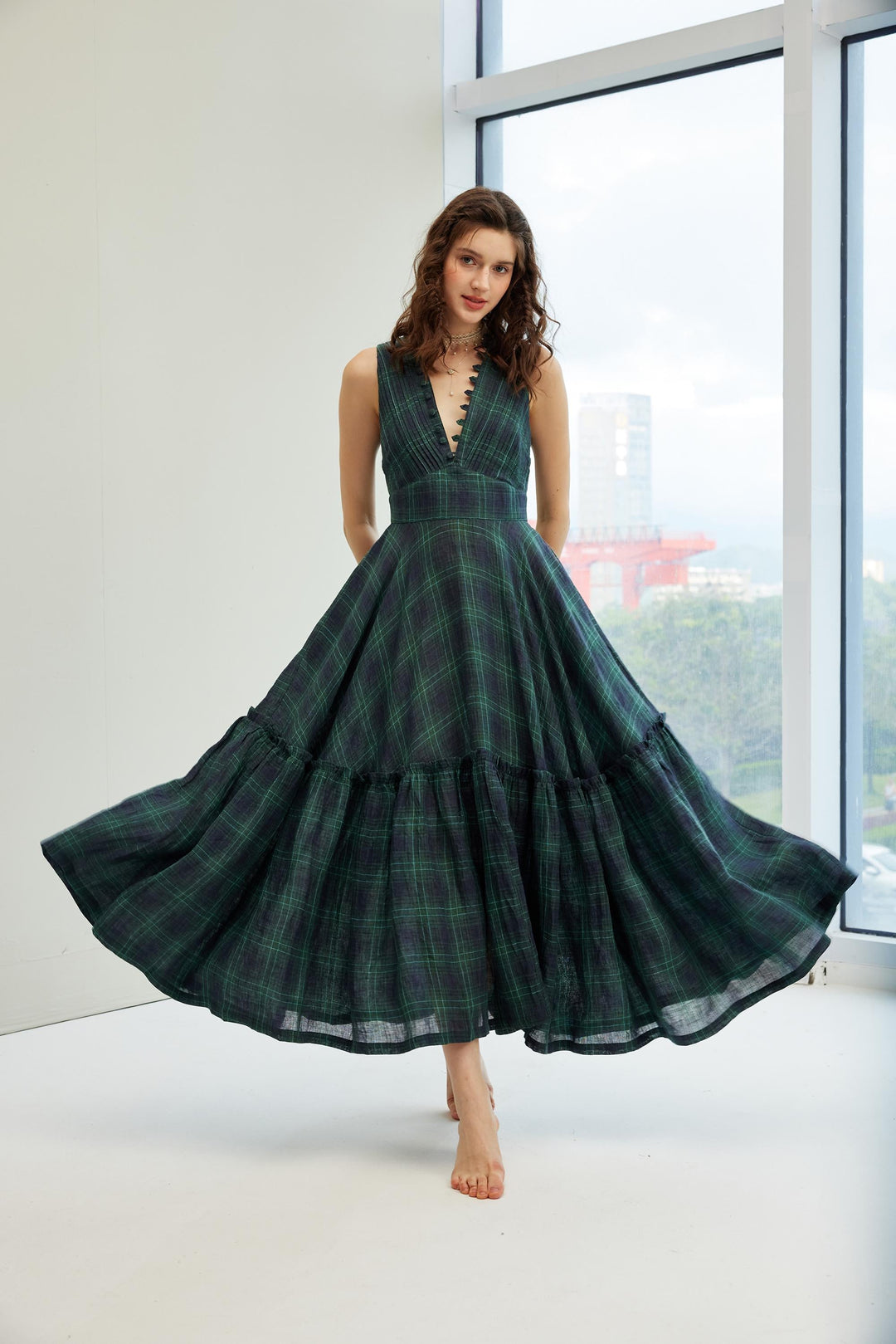 Moon River 24 | V-neck pintucked linen dress gown Teal / S Moon River 24 | V-neck pintucked linen dress gown Teal / S