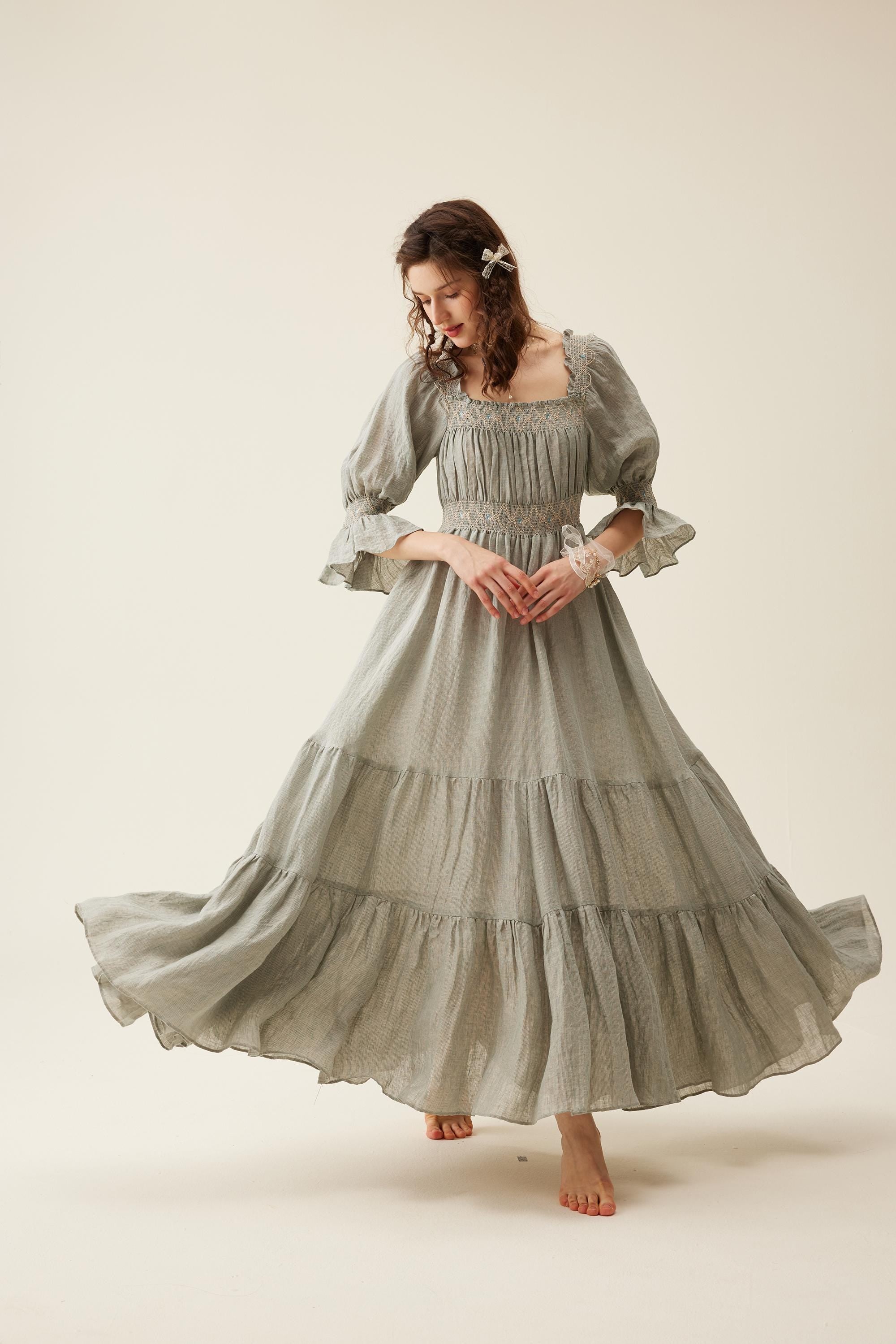 Cloud 21 | smocking embroidery linen dress – Linennaive