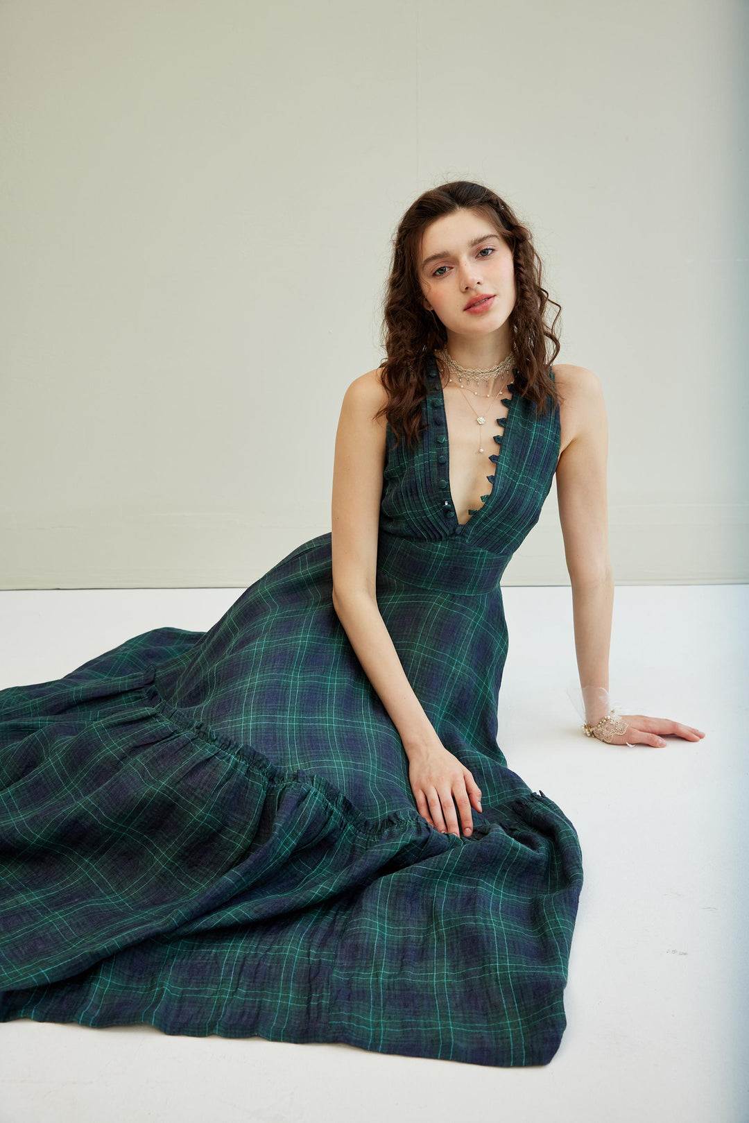 Moon River 24 | V-neck pintucked linen dress gown Teal / S Moon River 24 | V-neck pintucked linen dress gown Teal / S