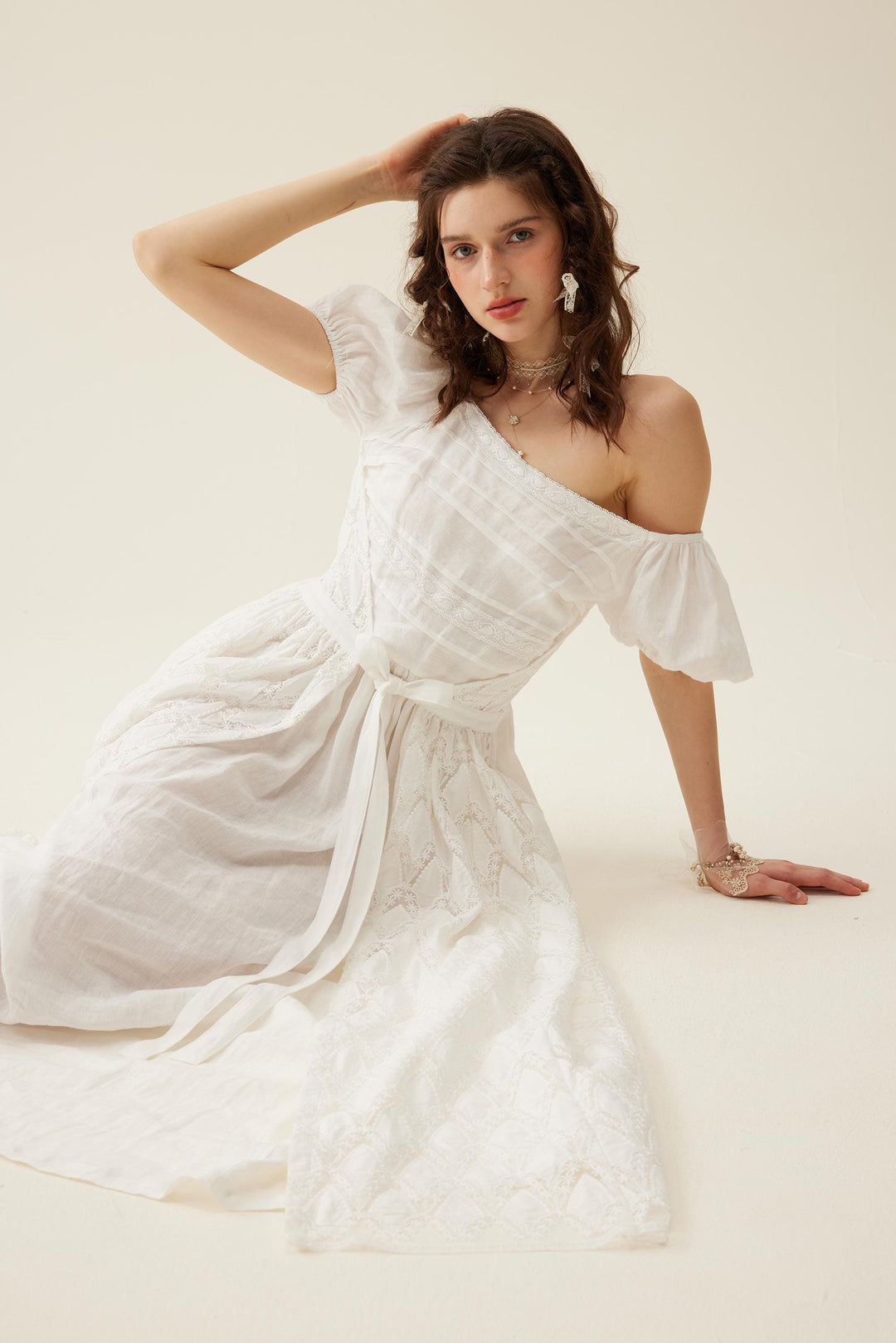 amelia linen dress Vasiliki Atelier Amelia Ruched Midi Linen Dress in Dove - White