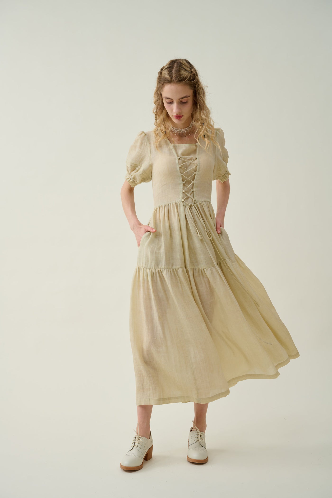 Adelia | Tiered lace-up linen dress