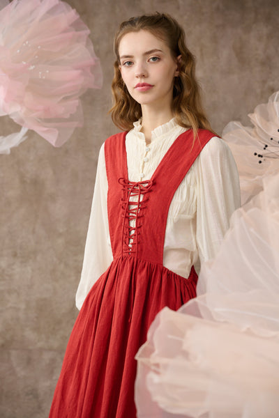 Poet's jasmine 31| lace-up pinafore linen dress in red