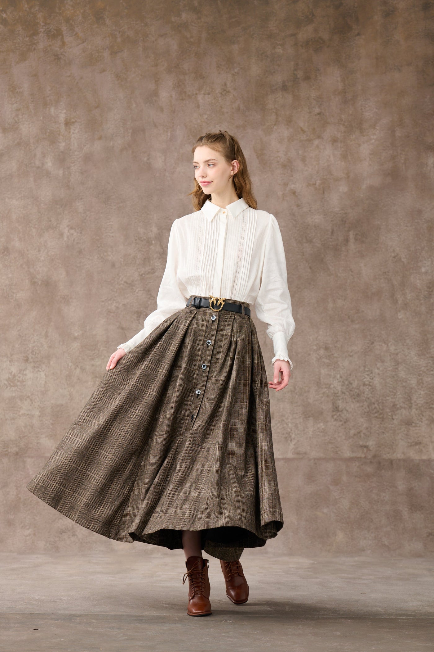 Santal 3  Retro Plaid Midi Wool Skirt – Linennaive