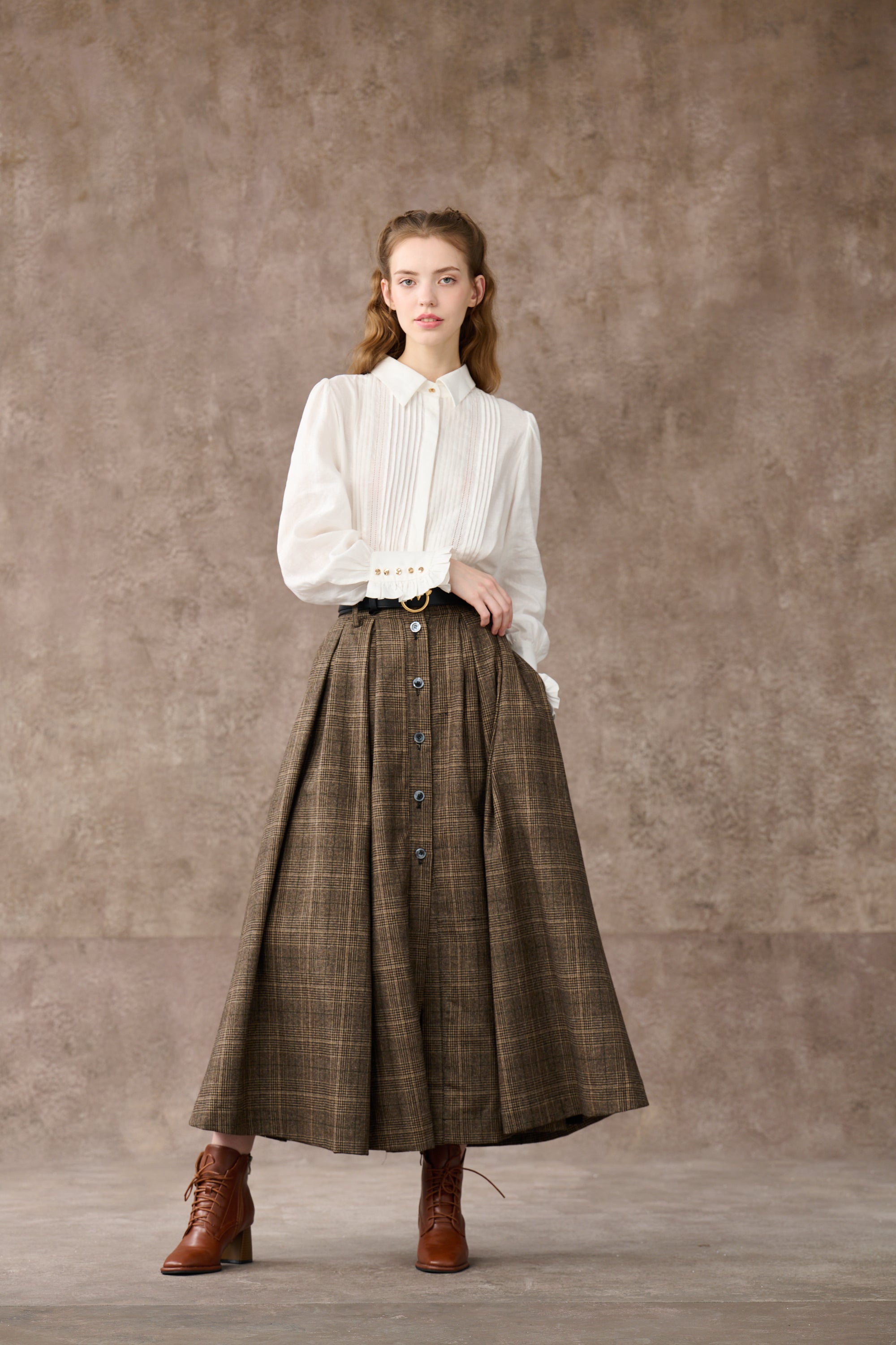 Santal 3 | Retro Plaid Midi Wool Skirt – Linennaive
