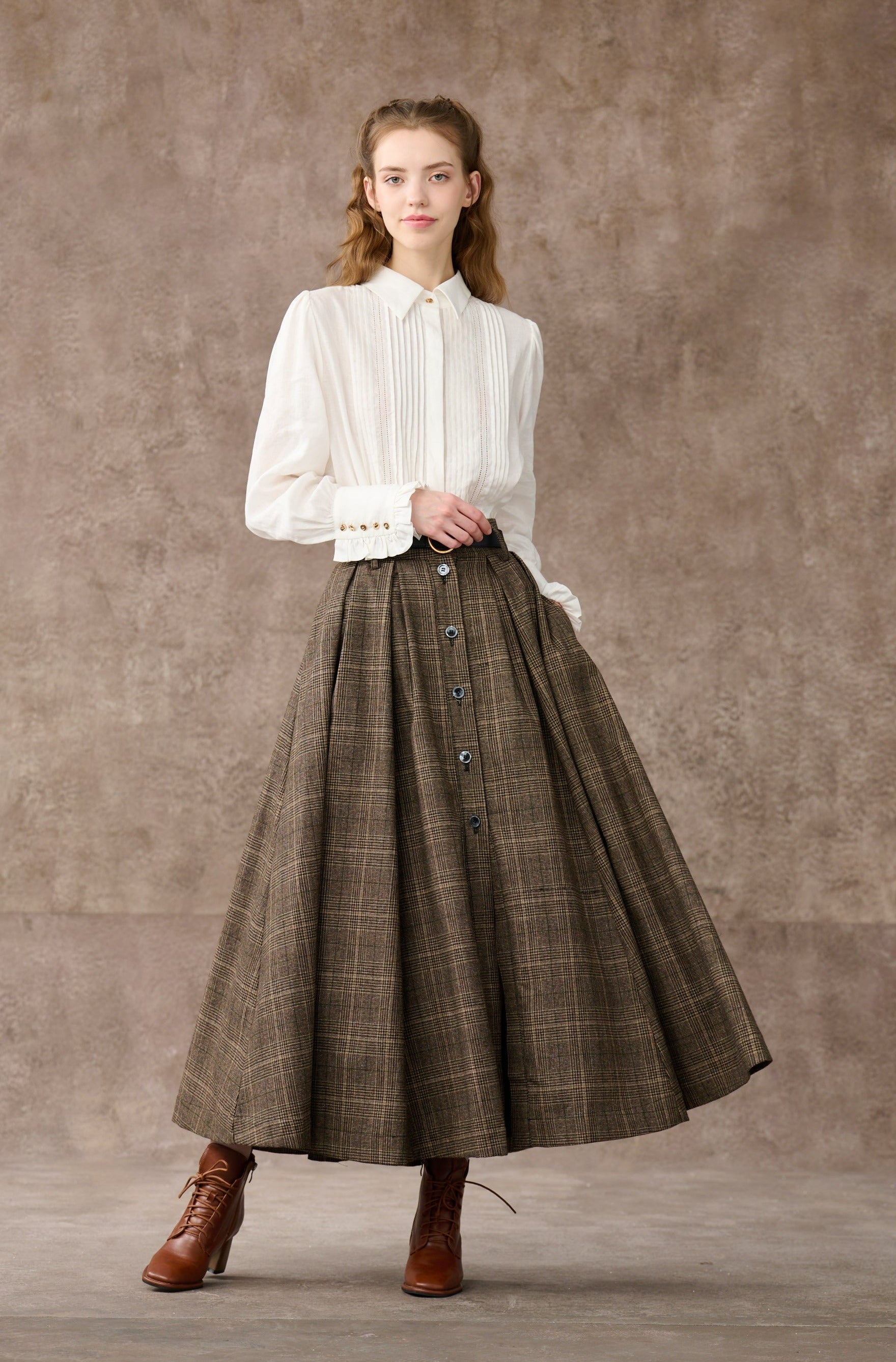 Santal 3 | Retro Plaid Midi Wool Skirt – Linennaive Santal 3 | Retro Plaid Midi Wool Skirt – Linennaive