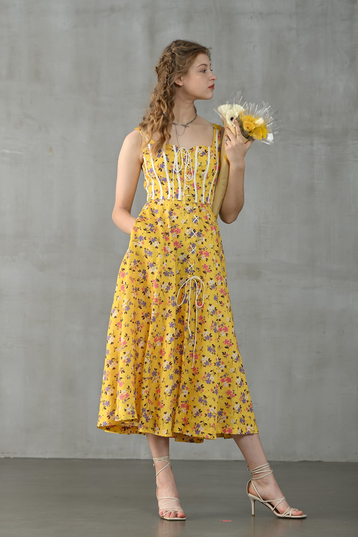 Freesia 21| lace-up floral linen dress