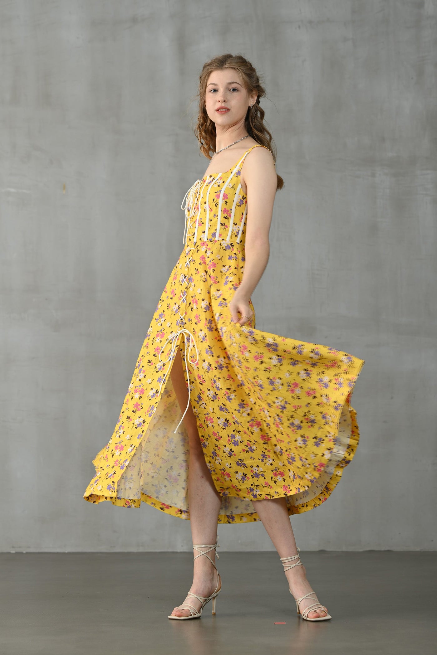 Freesia 21| lace-up floral linen dress