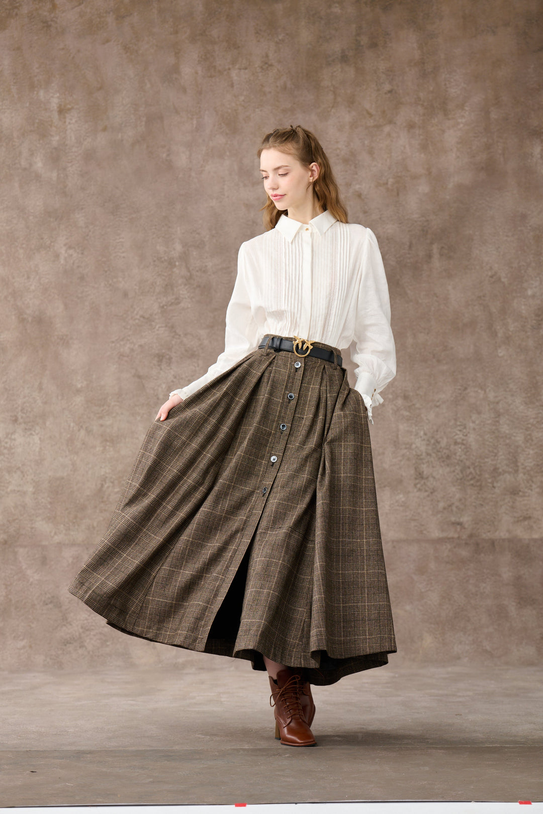 Santal 3 | Retro Plaid Midi Wool Skirt – Linennaive
