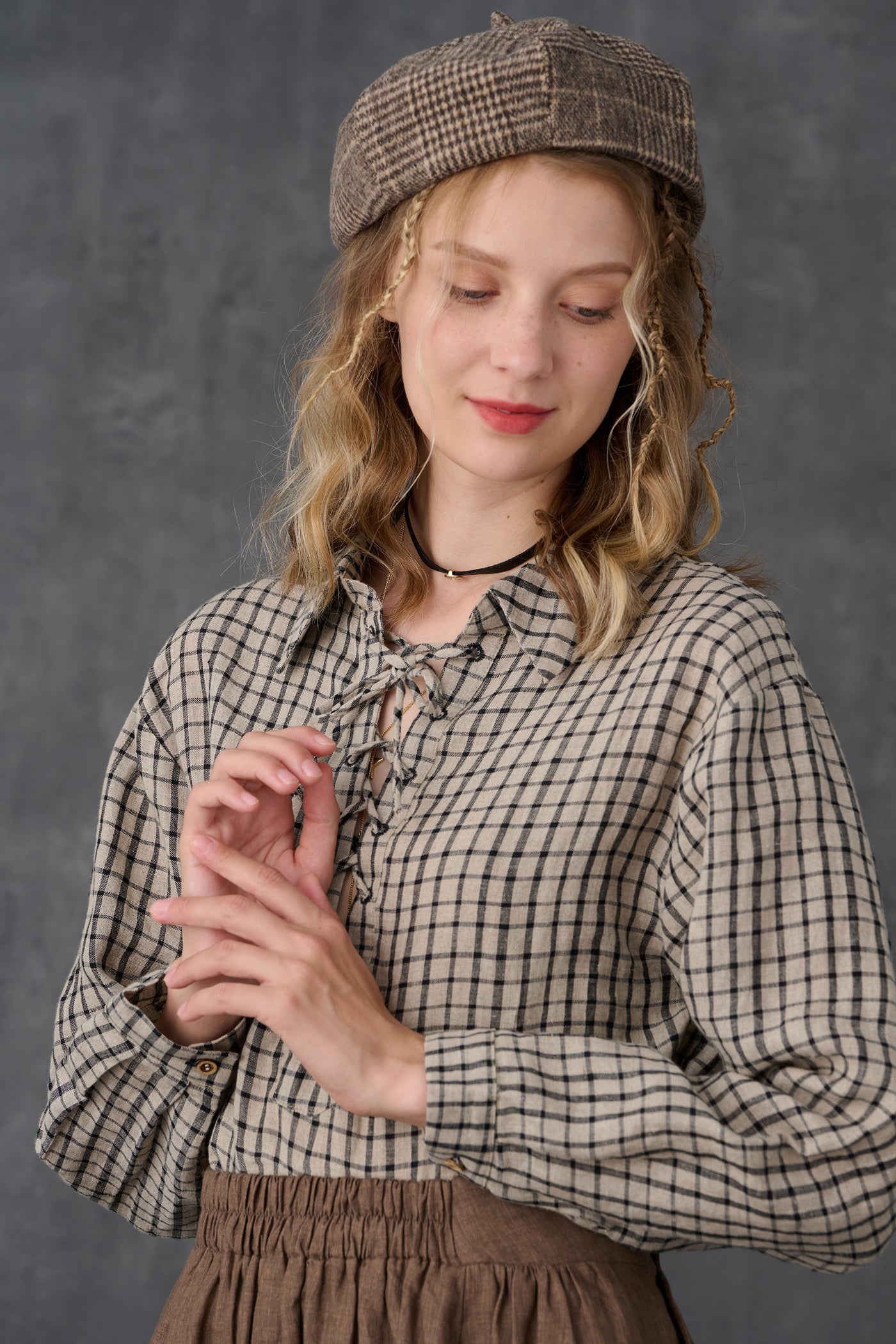 Incense 15| checked lace-up linen shirt