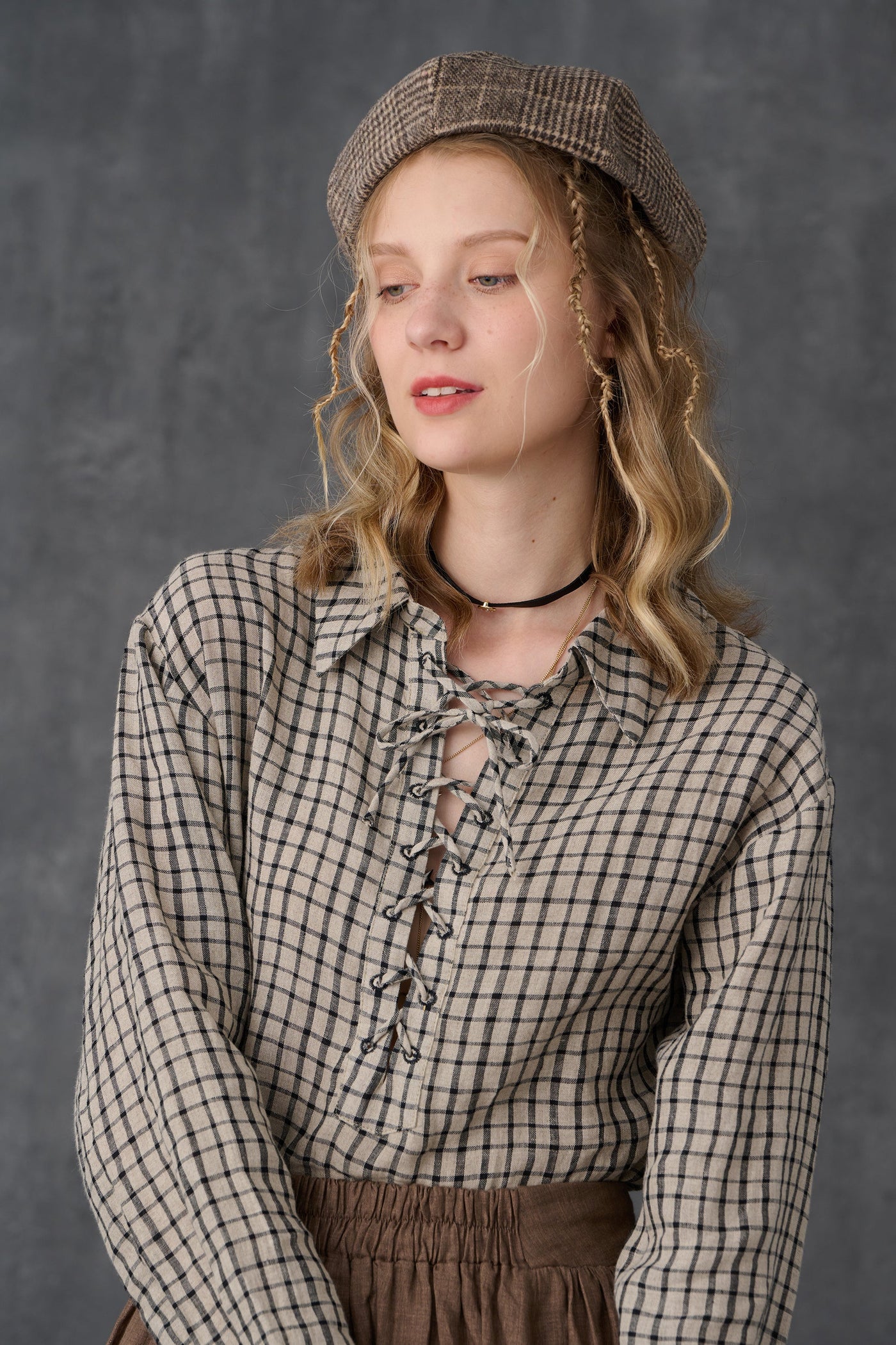 Incense 15| checked lace-up linen shirt