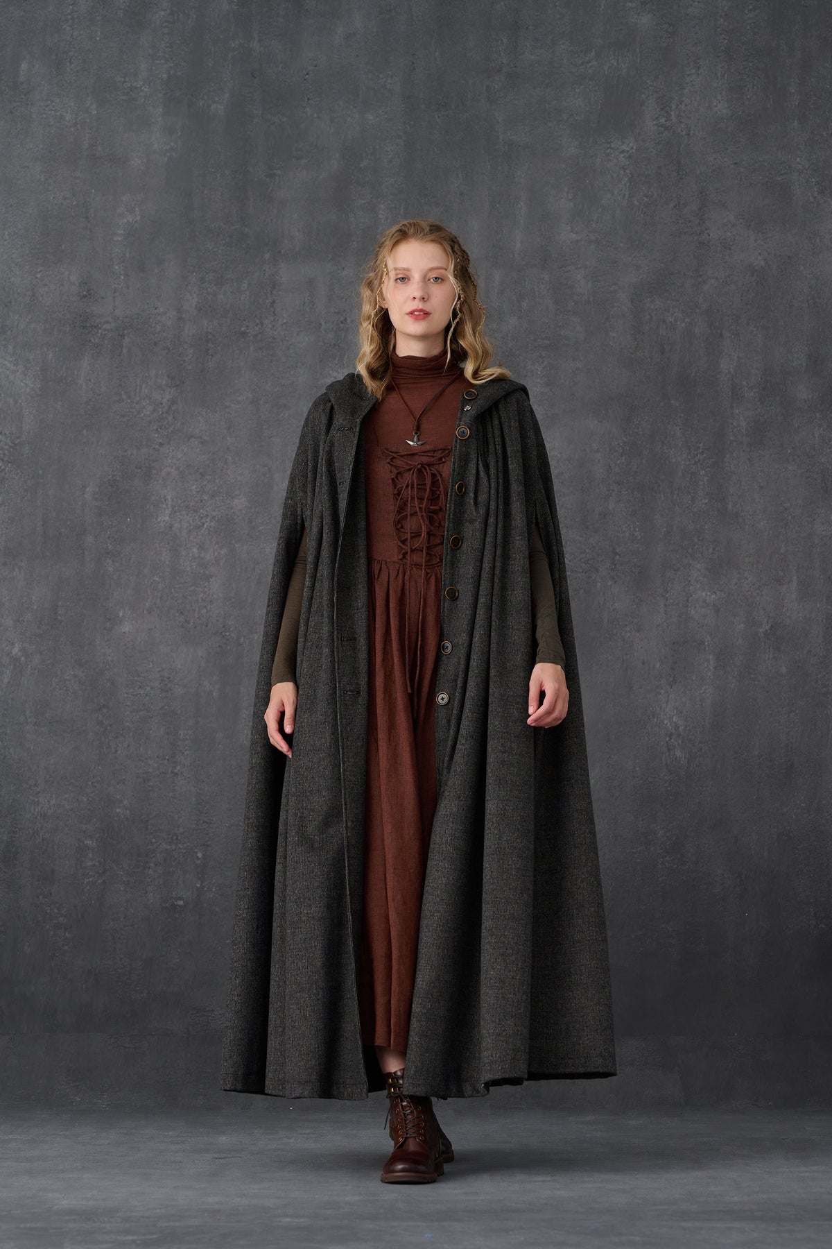 Ariel 14 | Hooded Wool Cloak Coat in DarkGray – Linennaive