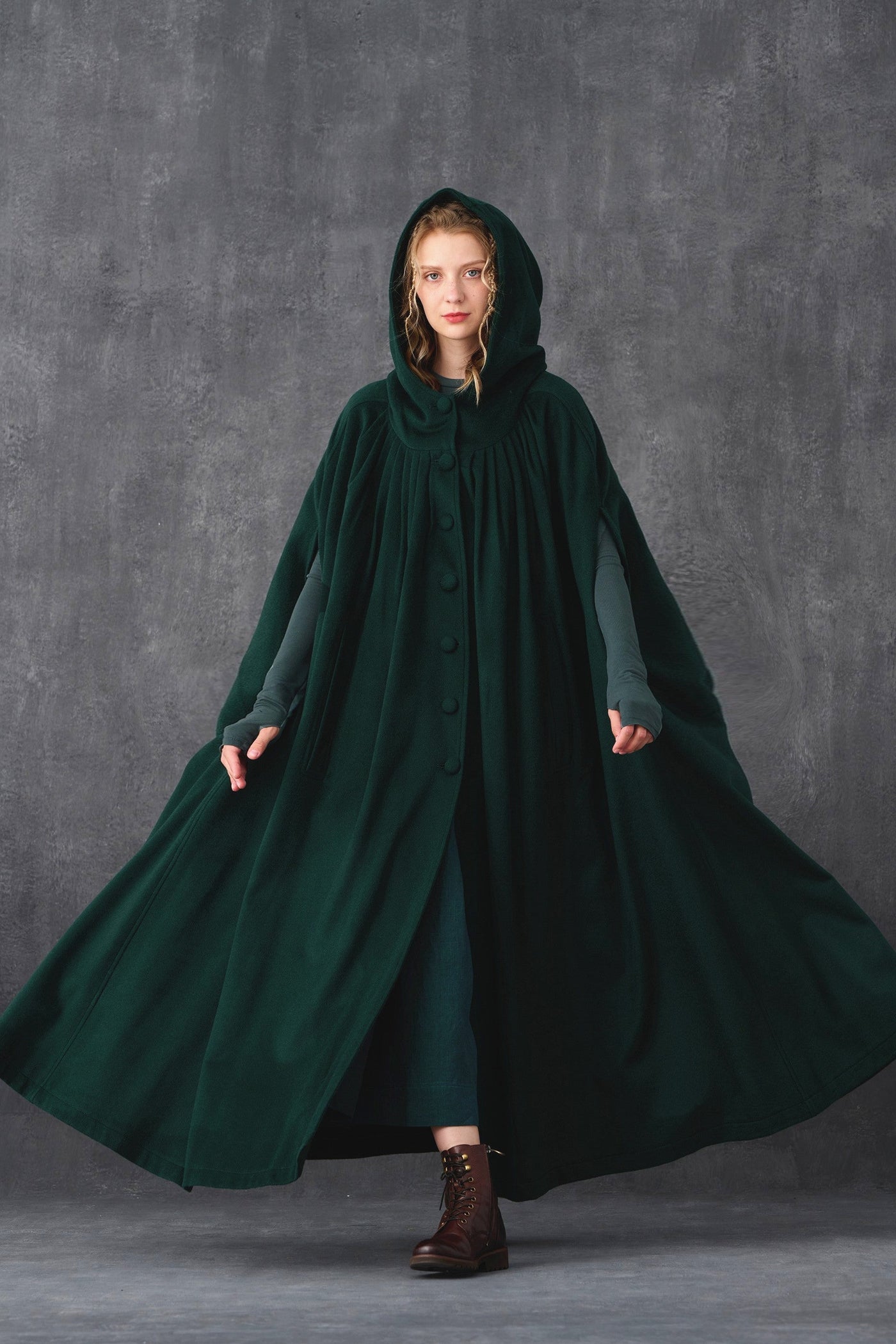 Ariel 14 | Hooded Wool Cloak Coat in DarkGray