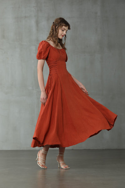 Ylang 18 | Girdle linen dress in red