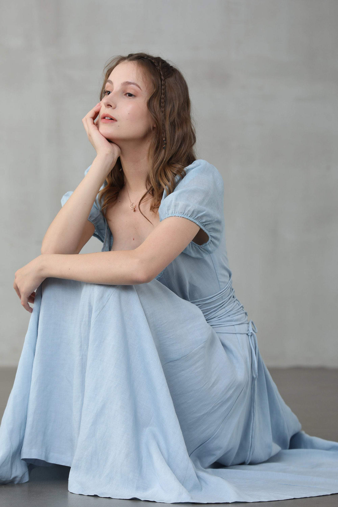 baby blue linen dress Volont Linen Midi Dress Sky Blue