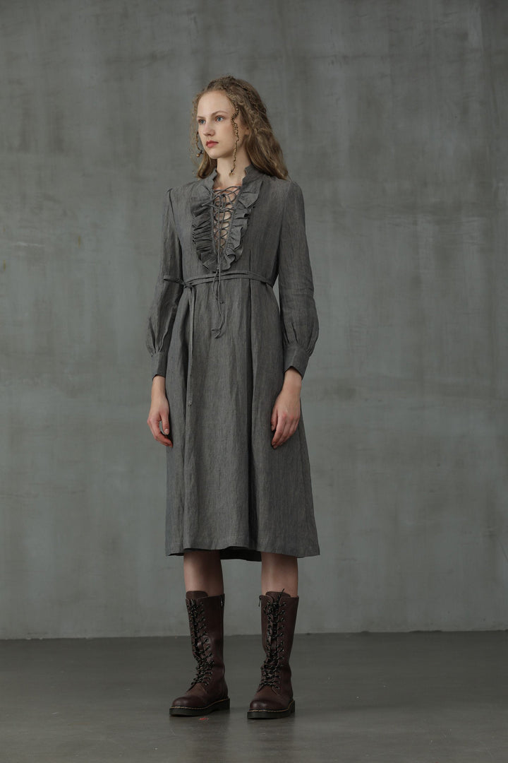 Lady Pearl 17 | Lace-up Linen Dress