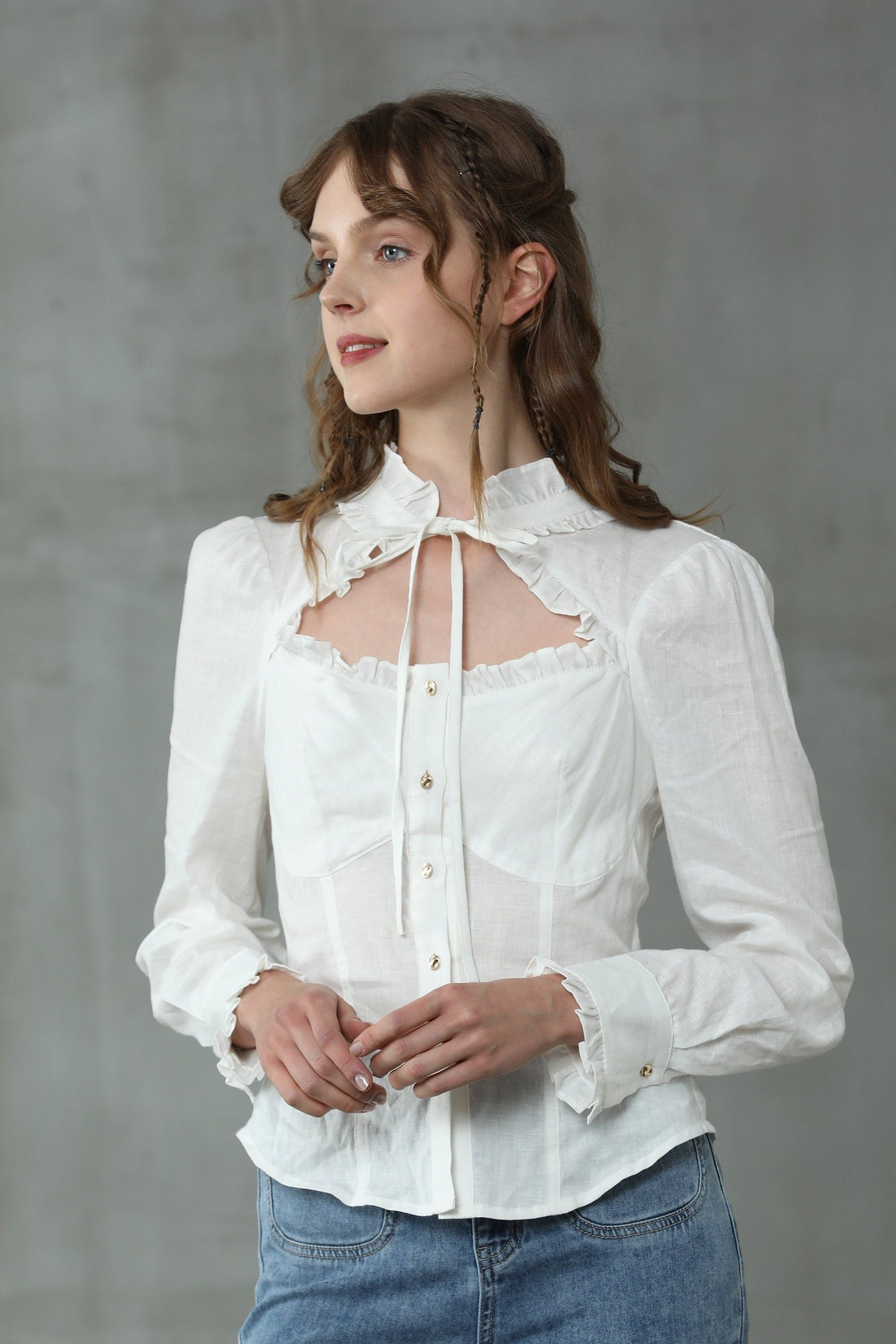 Very Peri 13 | Lace up linen shirt in white