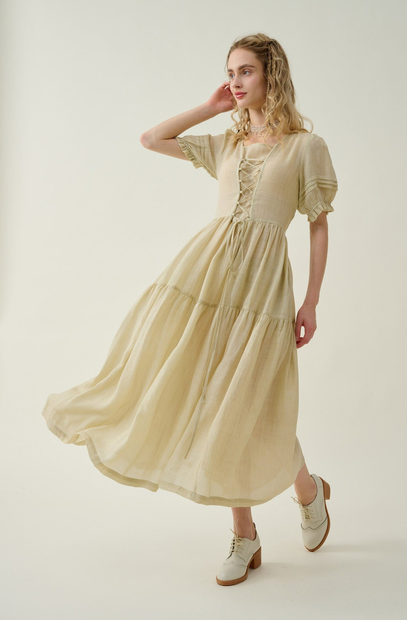 Adelia | Tiered lace-up linen dress