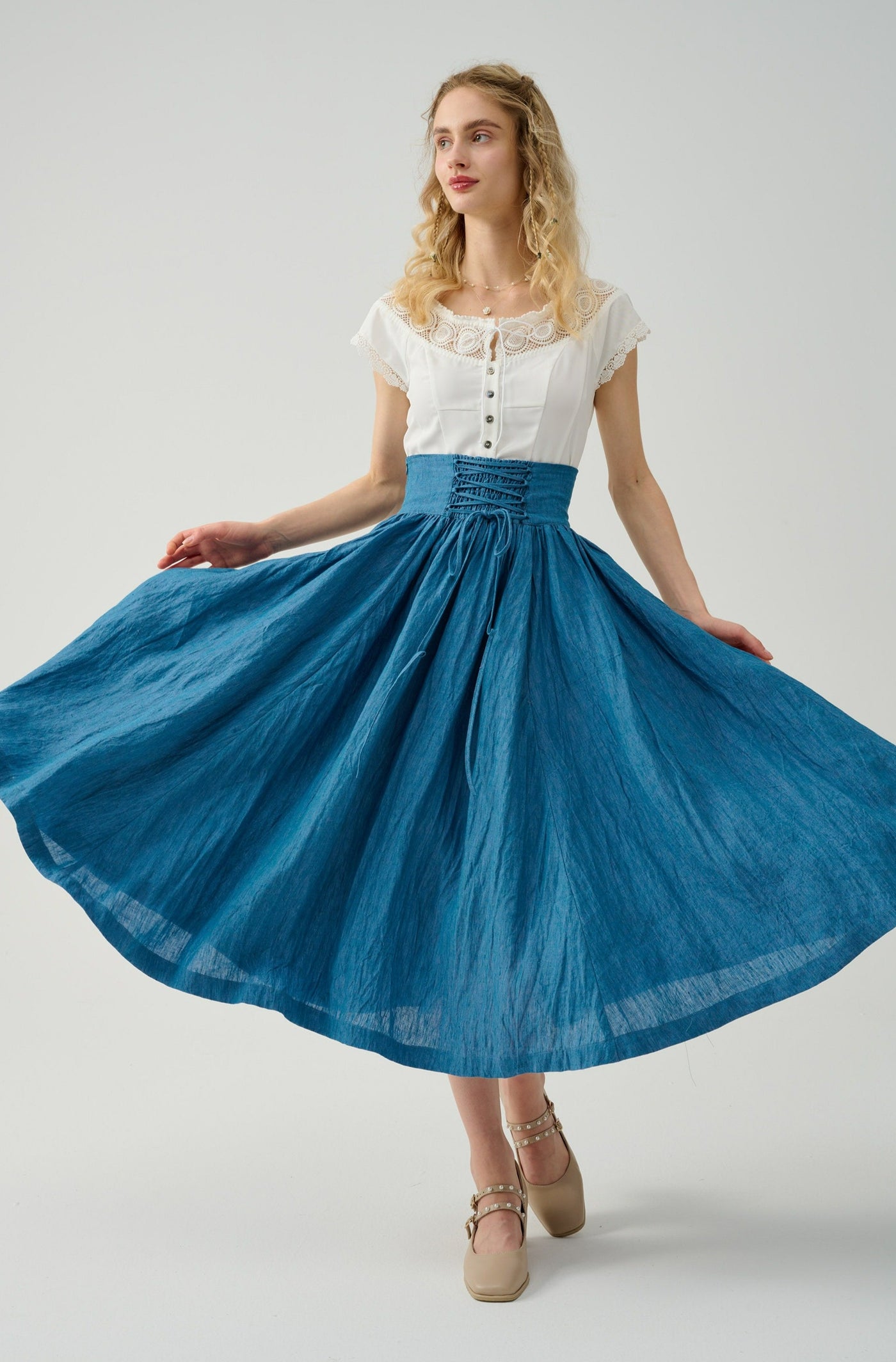 Tea Dance 33 | Lace-up midi linen Skirt in blue