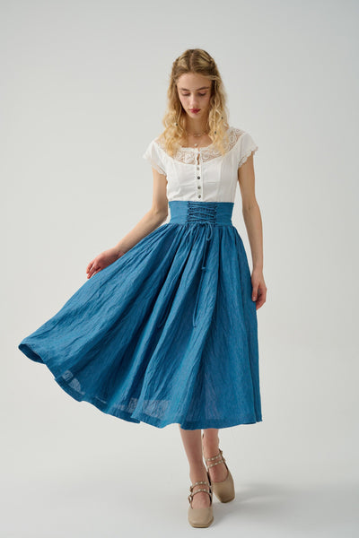 Tea Dance 33 | Lace-up midi linen Skirt in blue