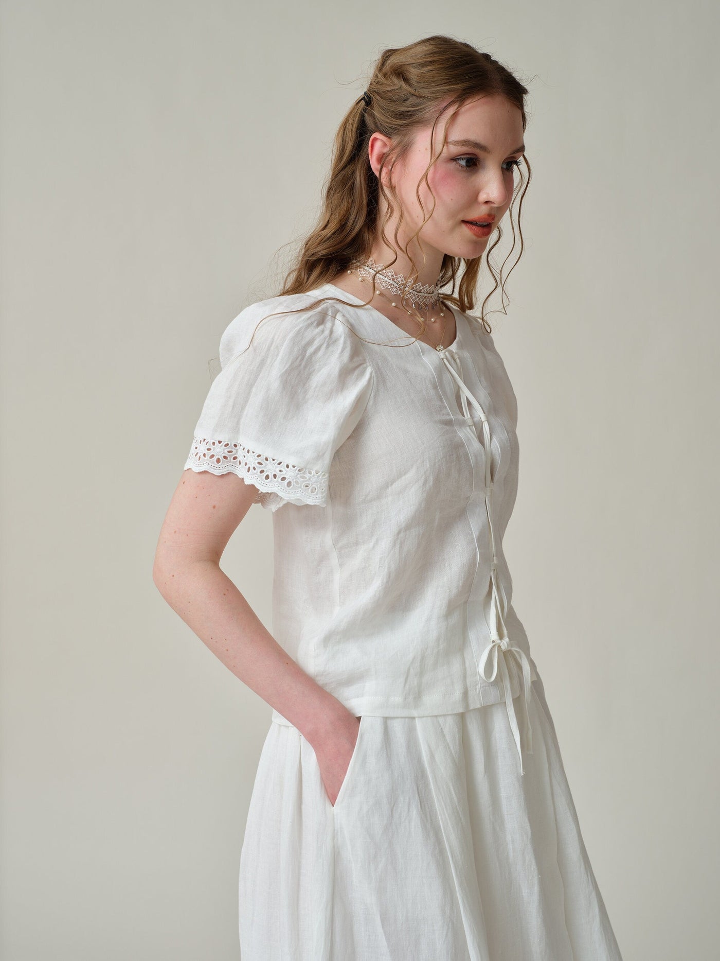 Anna 31 | lace up linen white blouse