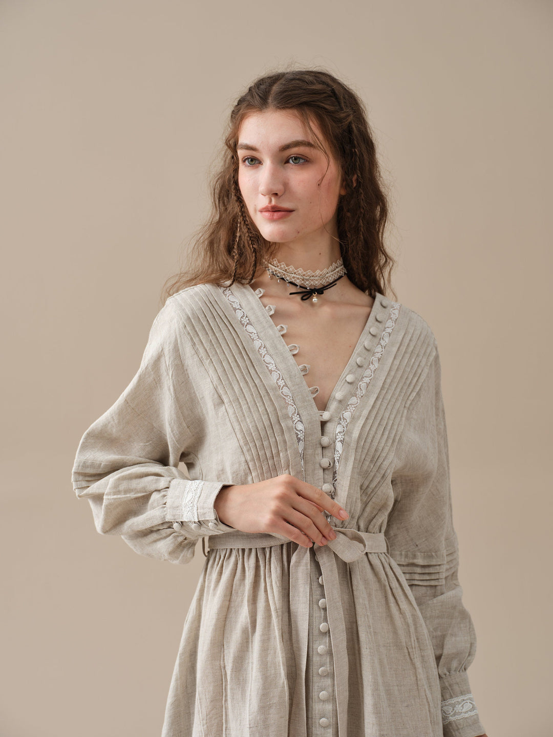 Octavia 17 | pintucked V-neck linen Dress Beige / XL Octavia 17 | pintucked V-neck linen Dress Beige / XL