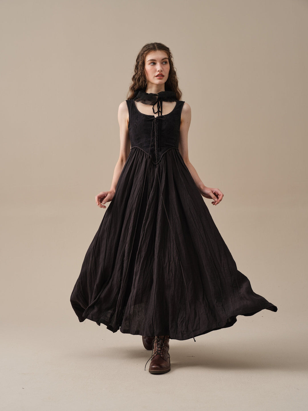 Anis 23 | Lace-Up Jacquard Linen Corset Dress Black / XL Anis 23 | Lace-Up Jacquard Linen Corset Dress Black / XL