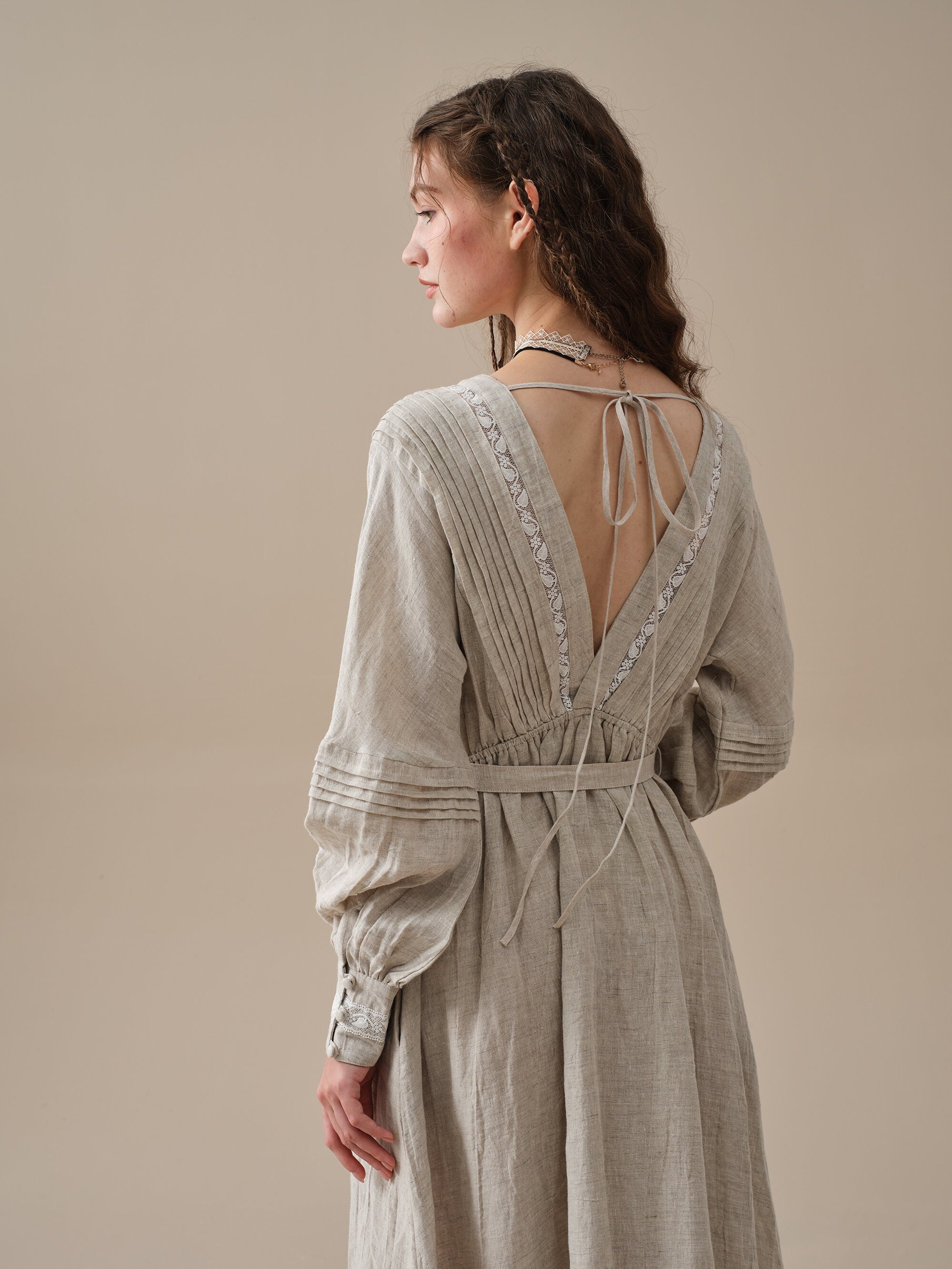 Octavia 17 | pintucked V-neck linen Dress – Linennaive