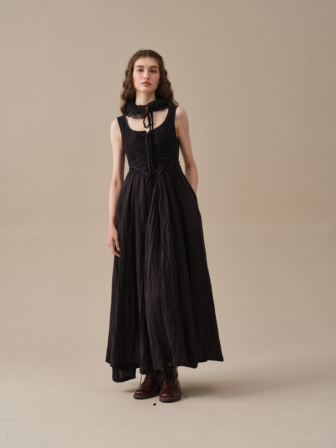 Anis 23 | Lace-Up Jacquard Linen Corset Dress Black / XL Anis 23 | Lace-Up Jacquard Linen Corset Dress Black / XL