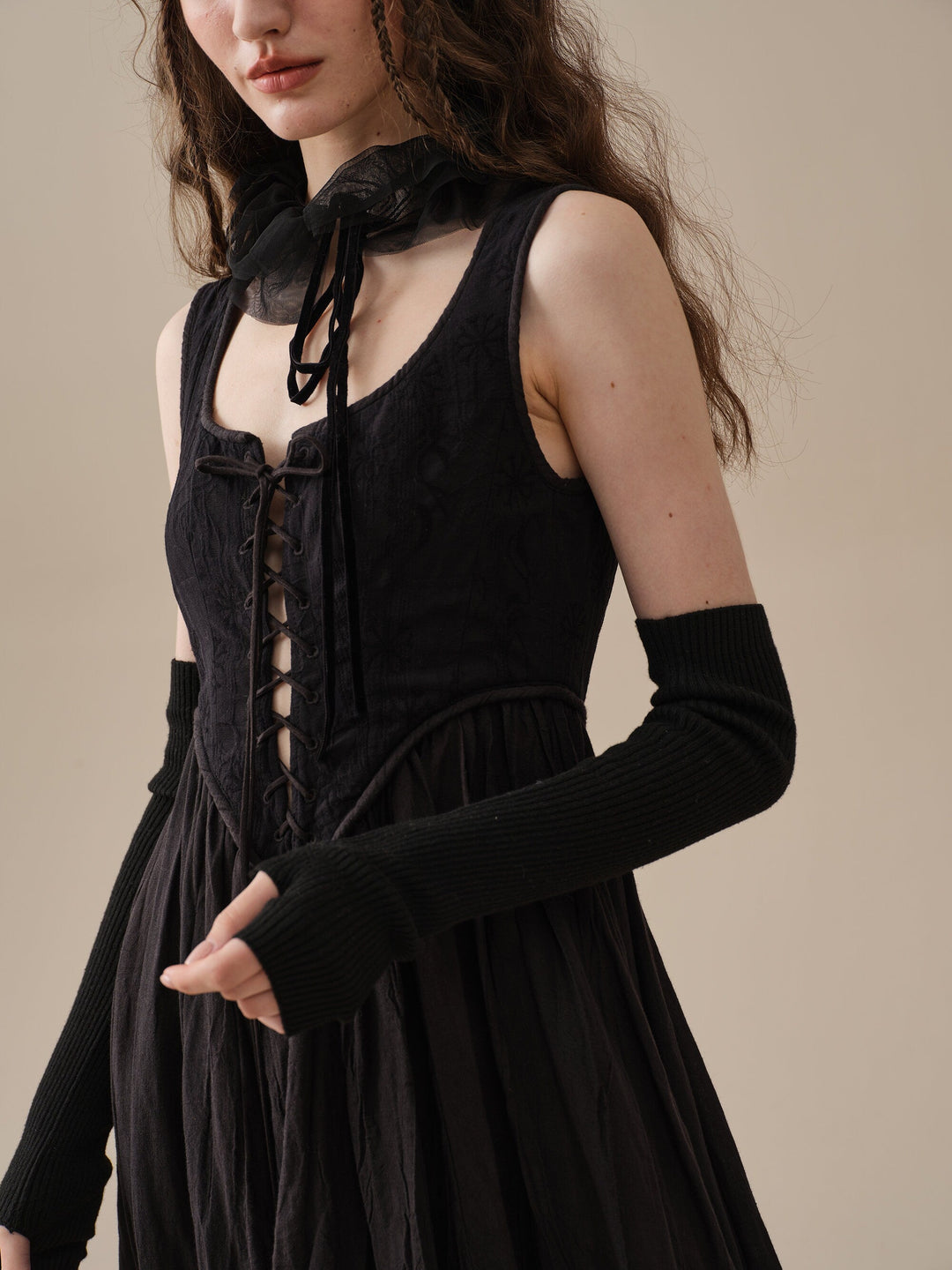 Anis 23 | Lace-Up Jacquard Linen Corset Dress Black / S Anis 23 | Lace-Up Jacquard Linen Corset Dress Black / S