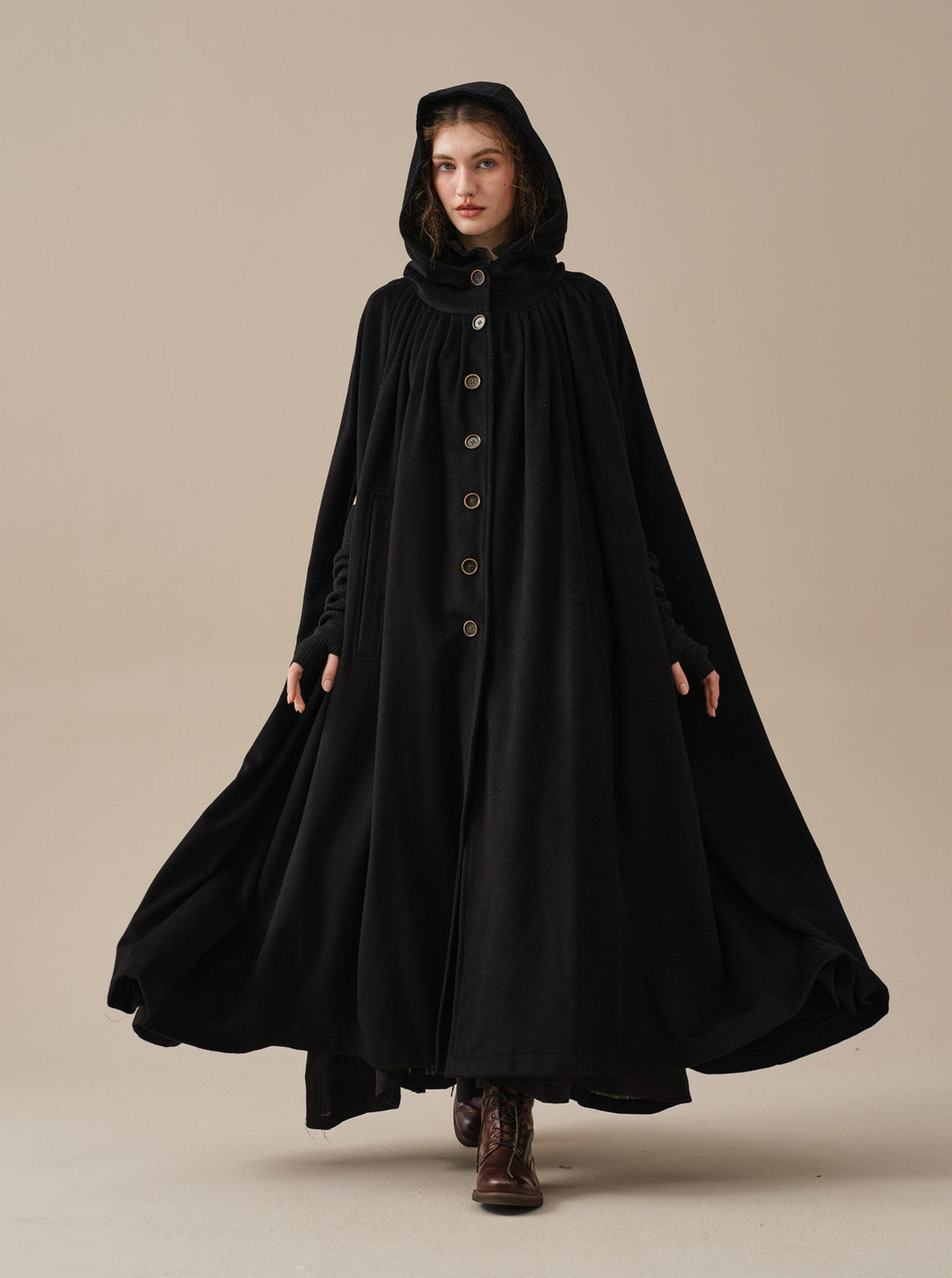 Black Cape Coat With Hood ARIEL 14 HOODED WOOL CLOAK COAT