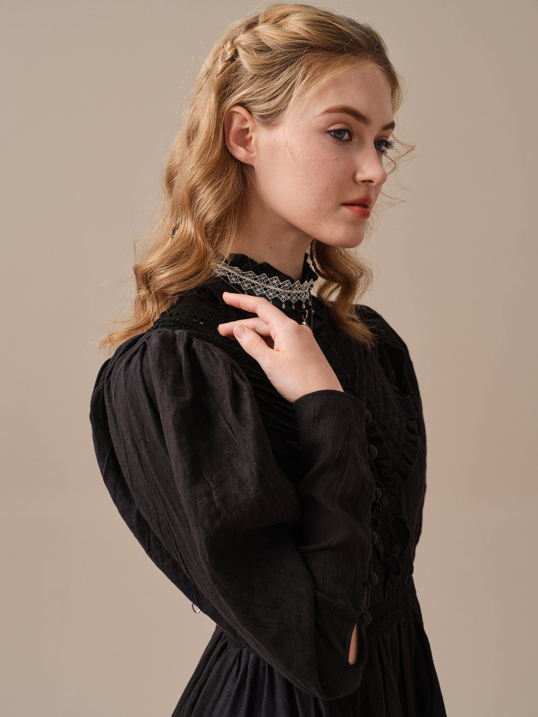 black linen dressing gown Victorian Nightgown, Vintage Night Gown, 1900s Sleepdress, Old Fashion Nightwear Nightie, Traditional Gown of Vecpiebalga in Black Linen