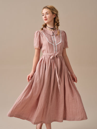 Peach Blossom 18 | Lace Pintucked Linen Dress